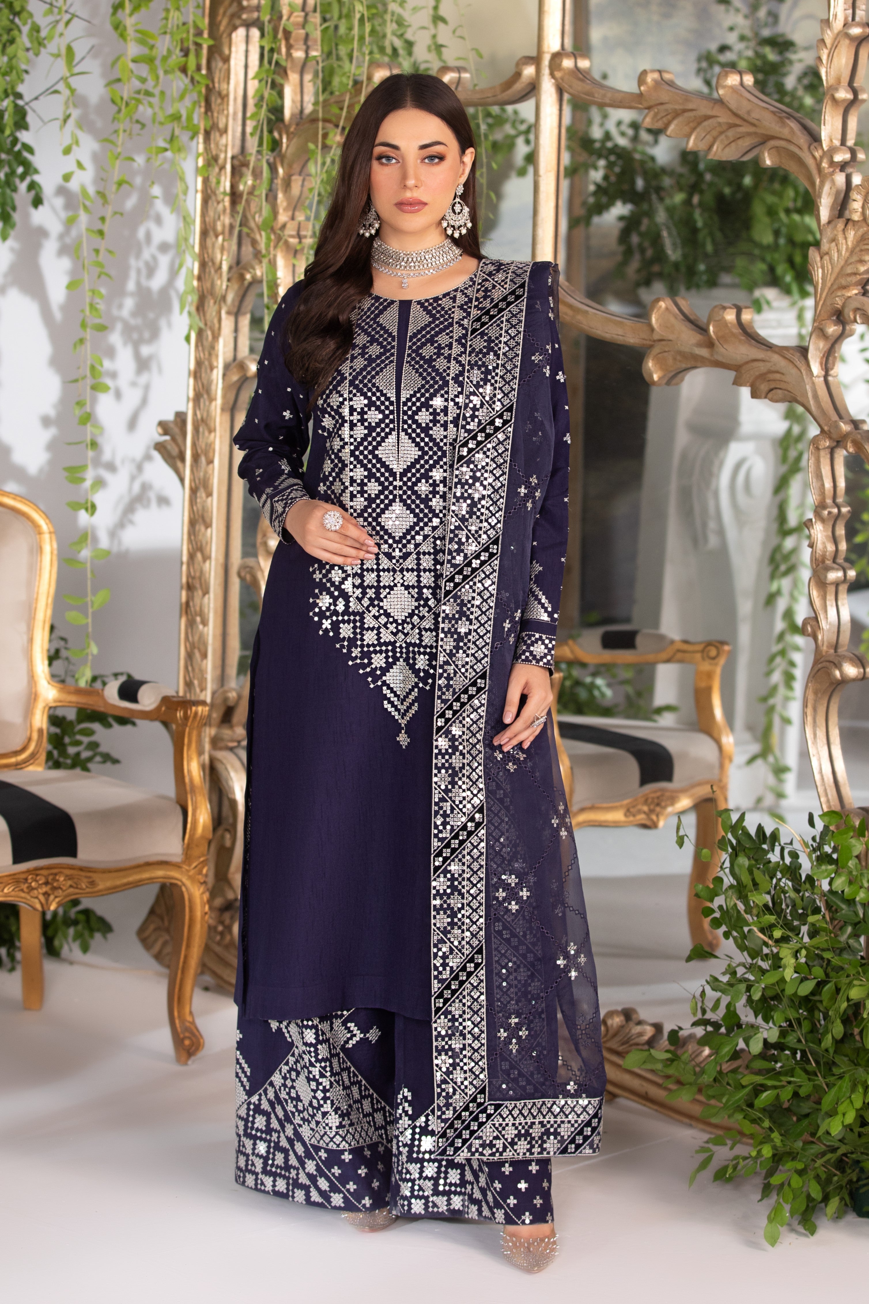 Heeras Embroidered Viscose 3 Piece Suit HEE01