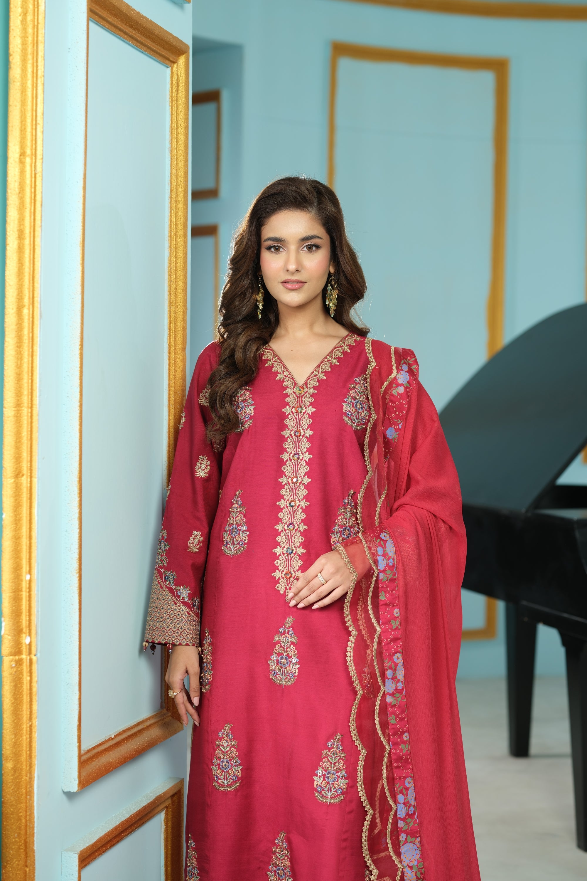 Heeras Embroidered Viscose 3 Piece Suit HEE75