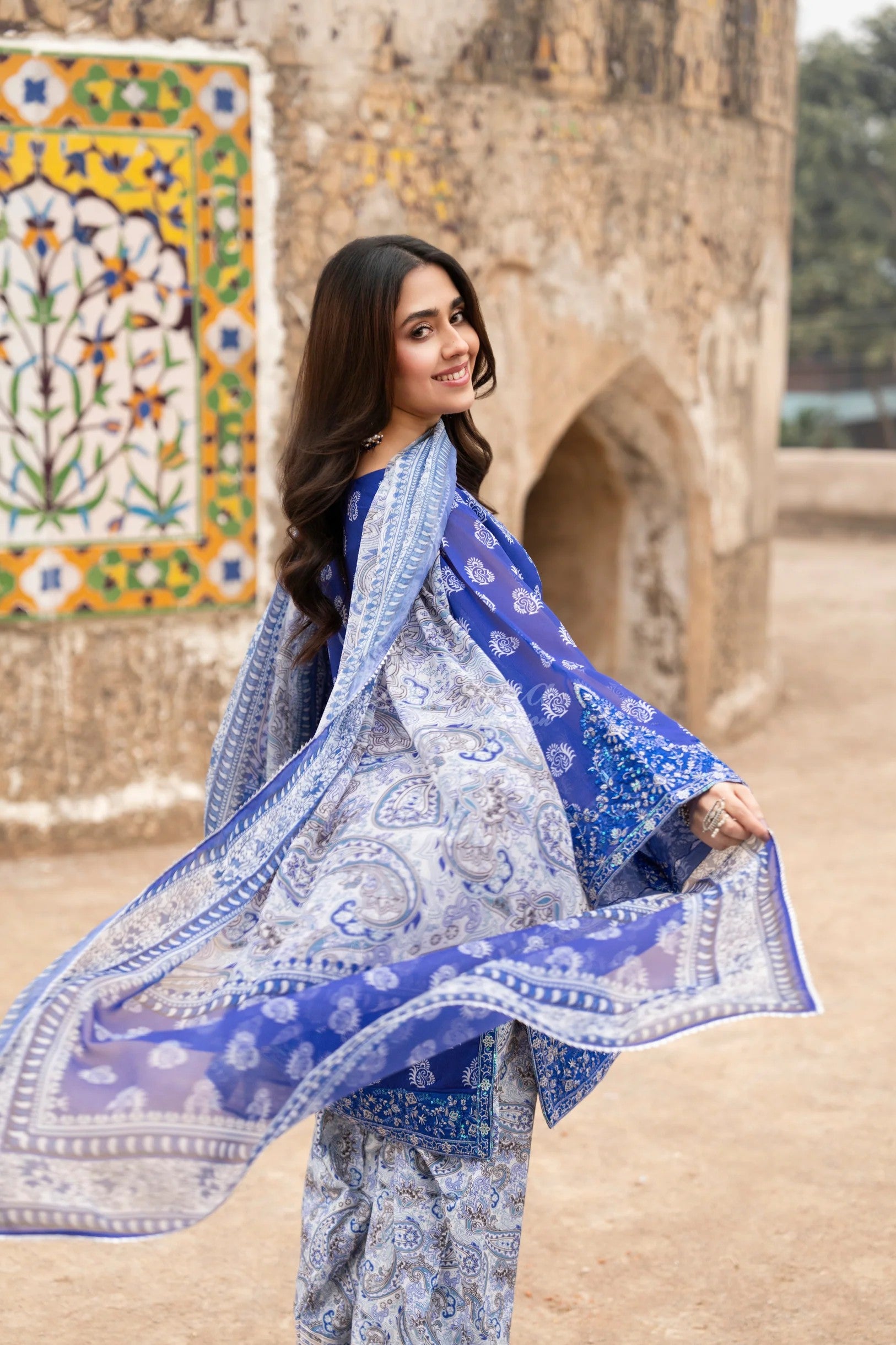 Karma Embroidered Georgette Chiffon Farshi Shalwar Suit KAR162