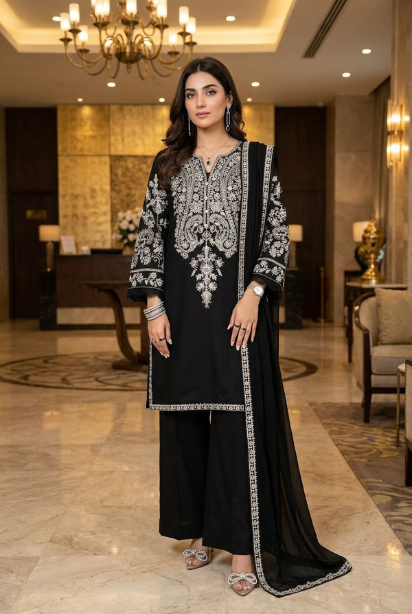 Mihrimah Embroidered Cotton Monochrome 3 Piece Suit MIH115