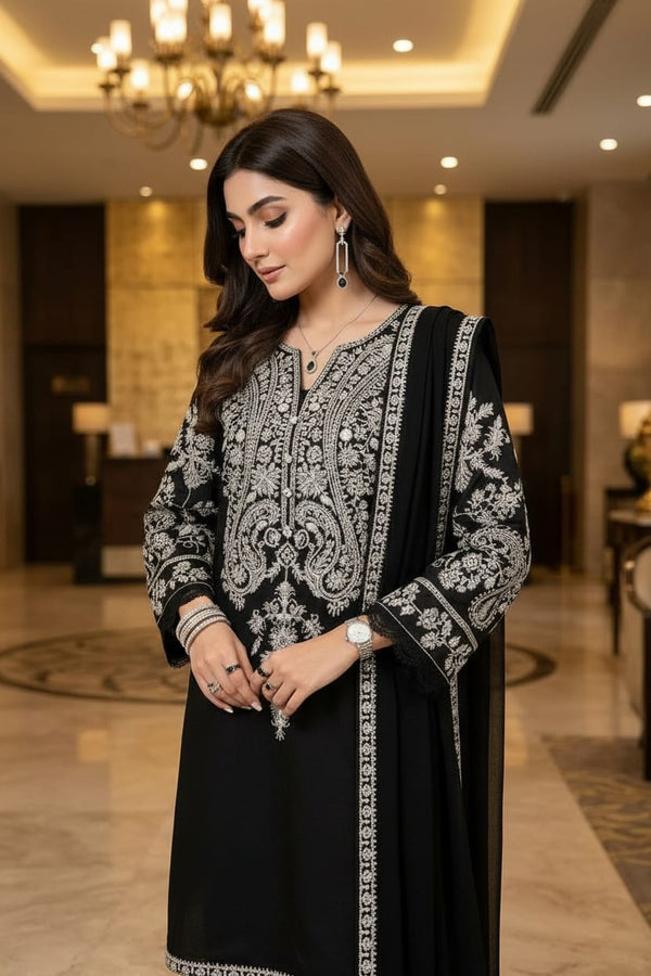 Mihrimah Embroidered Cotton Monochrome 3 Piece Suit MIH115