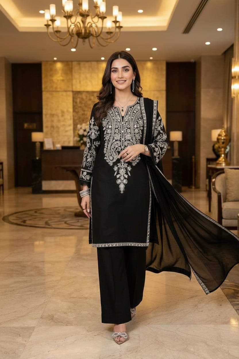 Mihrimah Embroidered Cotton Monochrome 3 Piece Suit MIH115
