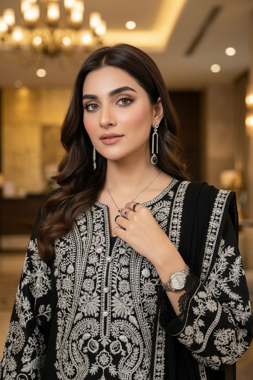 Mihrimah Embroidered Cotton Monochrome 3 Piece Suit MIH115