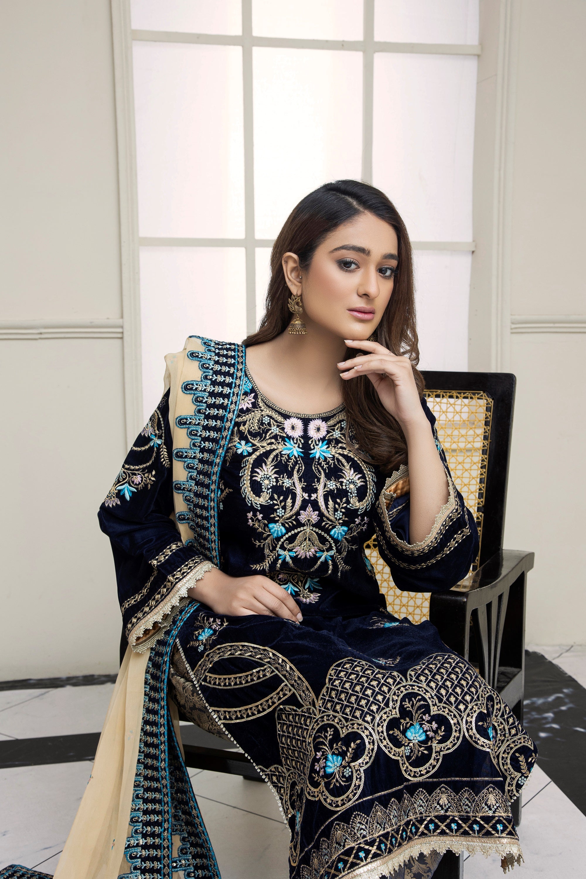 Mihrimah Embroidered Velvet 3 Piece Suit MIH41-Designer dhaage