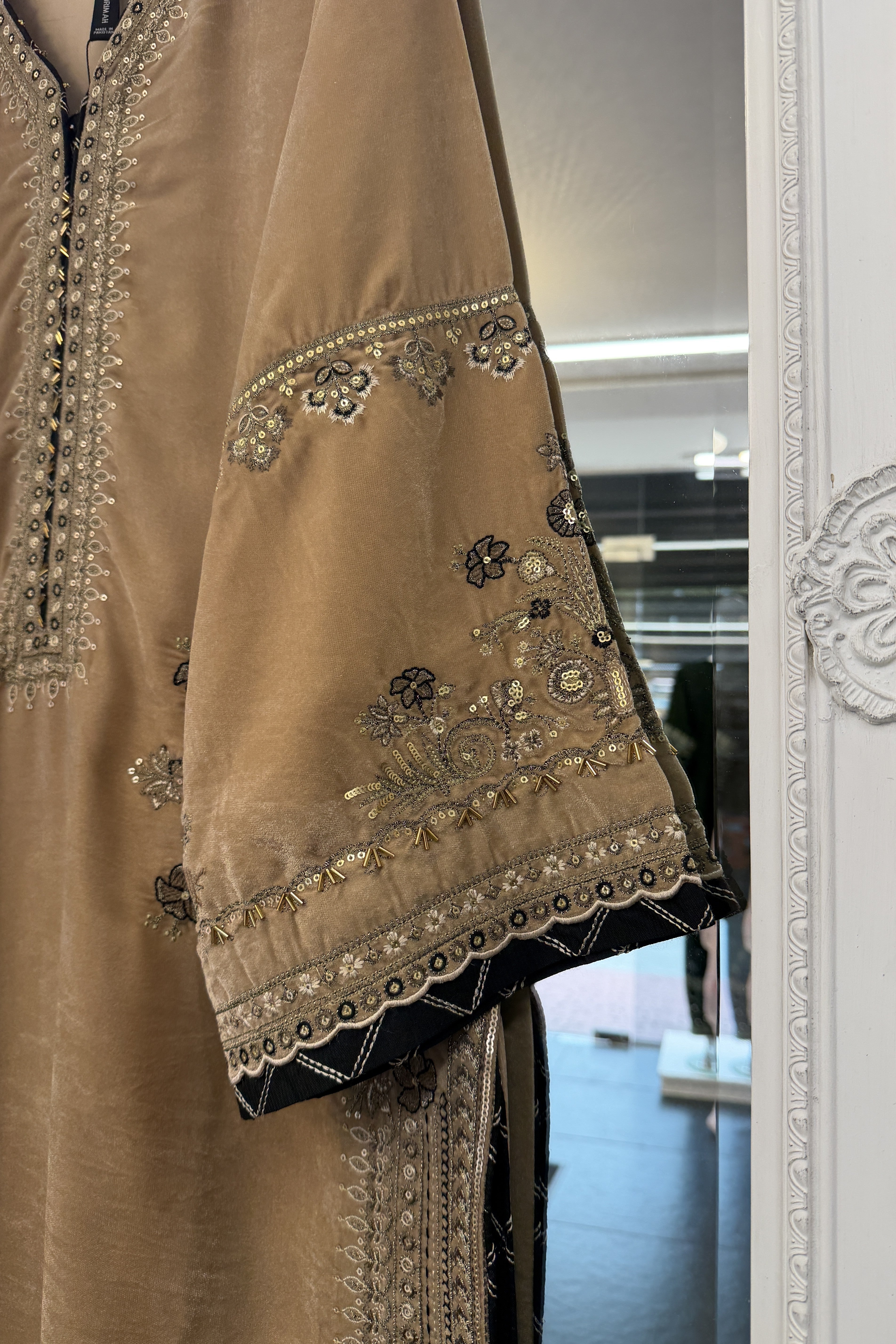 Mihrimah Embroidered Velvet Camel Brown MIH103