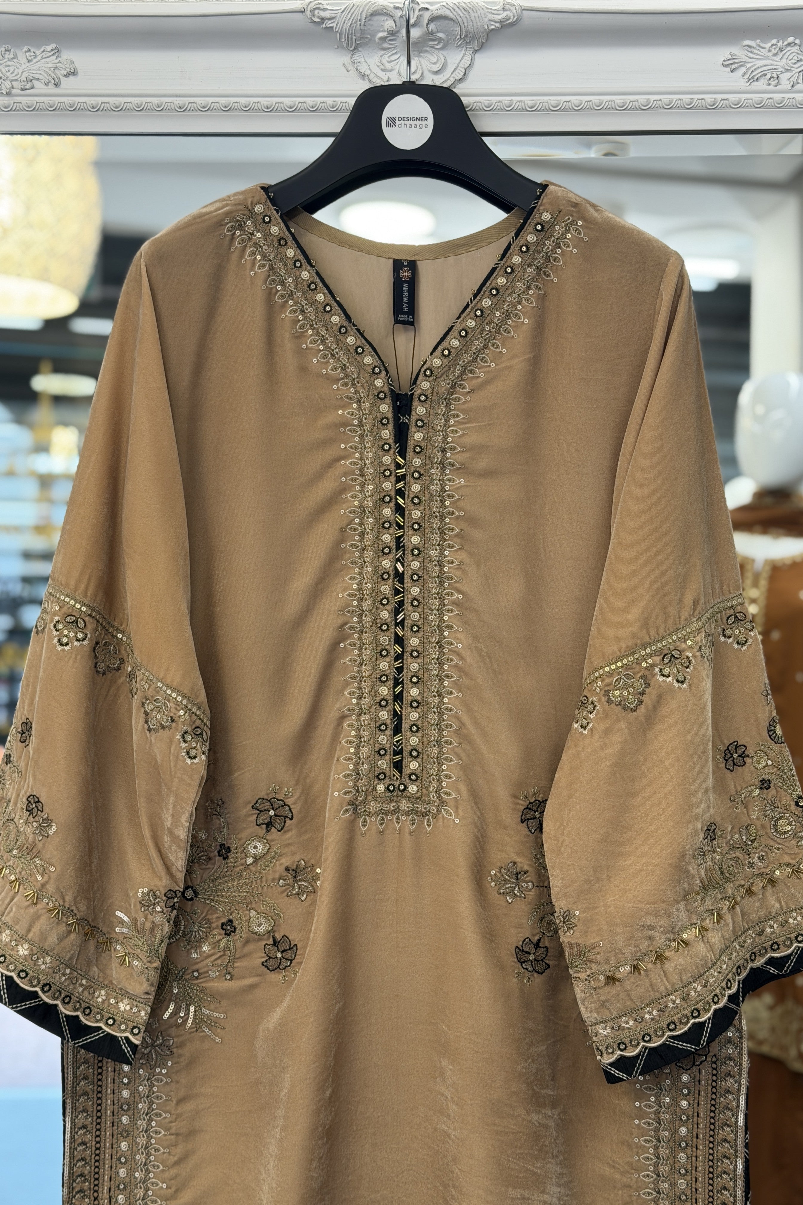 Mihrimah Embroidered Velvet Camel Brown MIH103