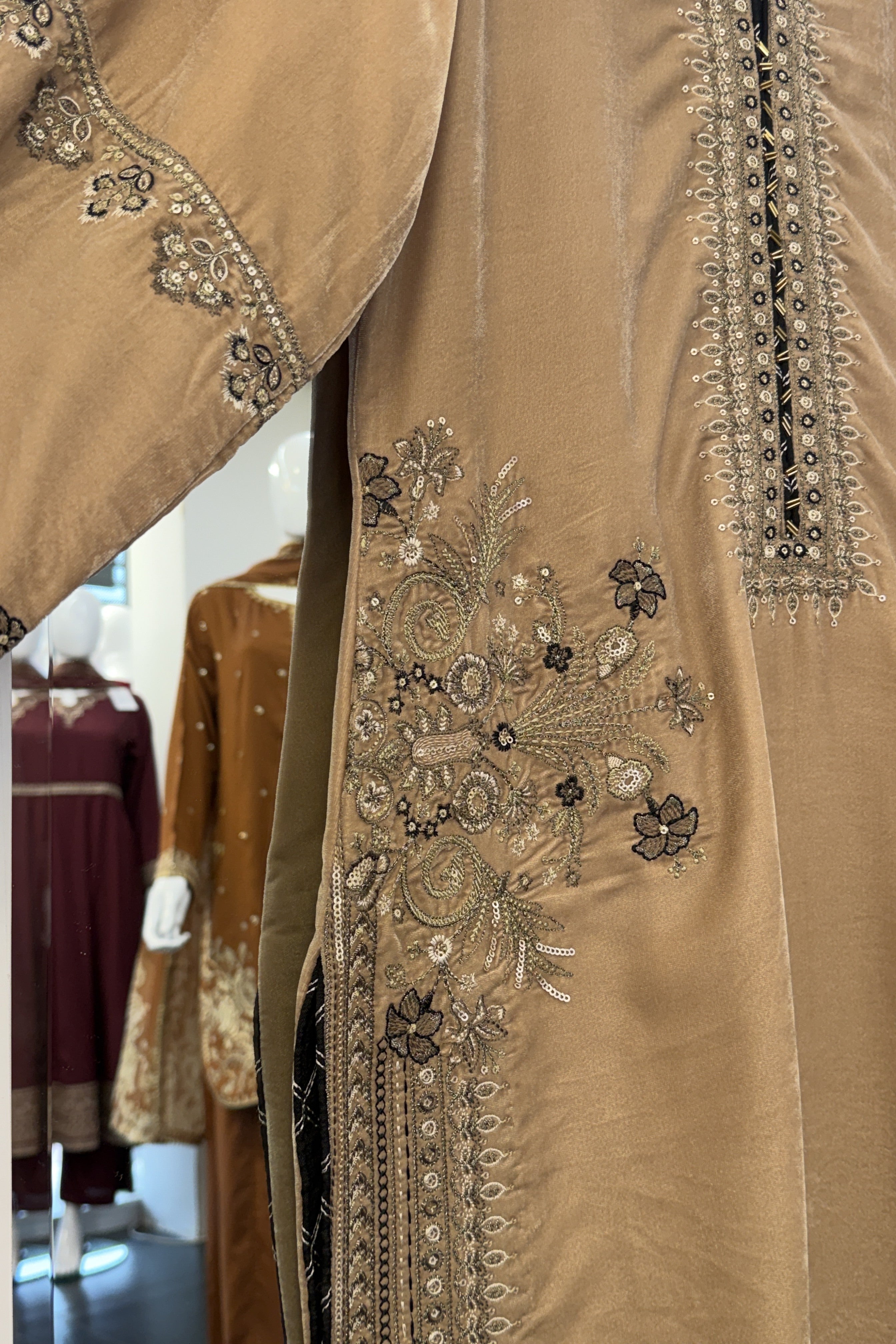 Mihrimah Embroidered Velvet Camel Brown MIH103