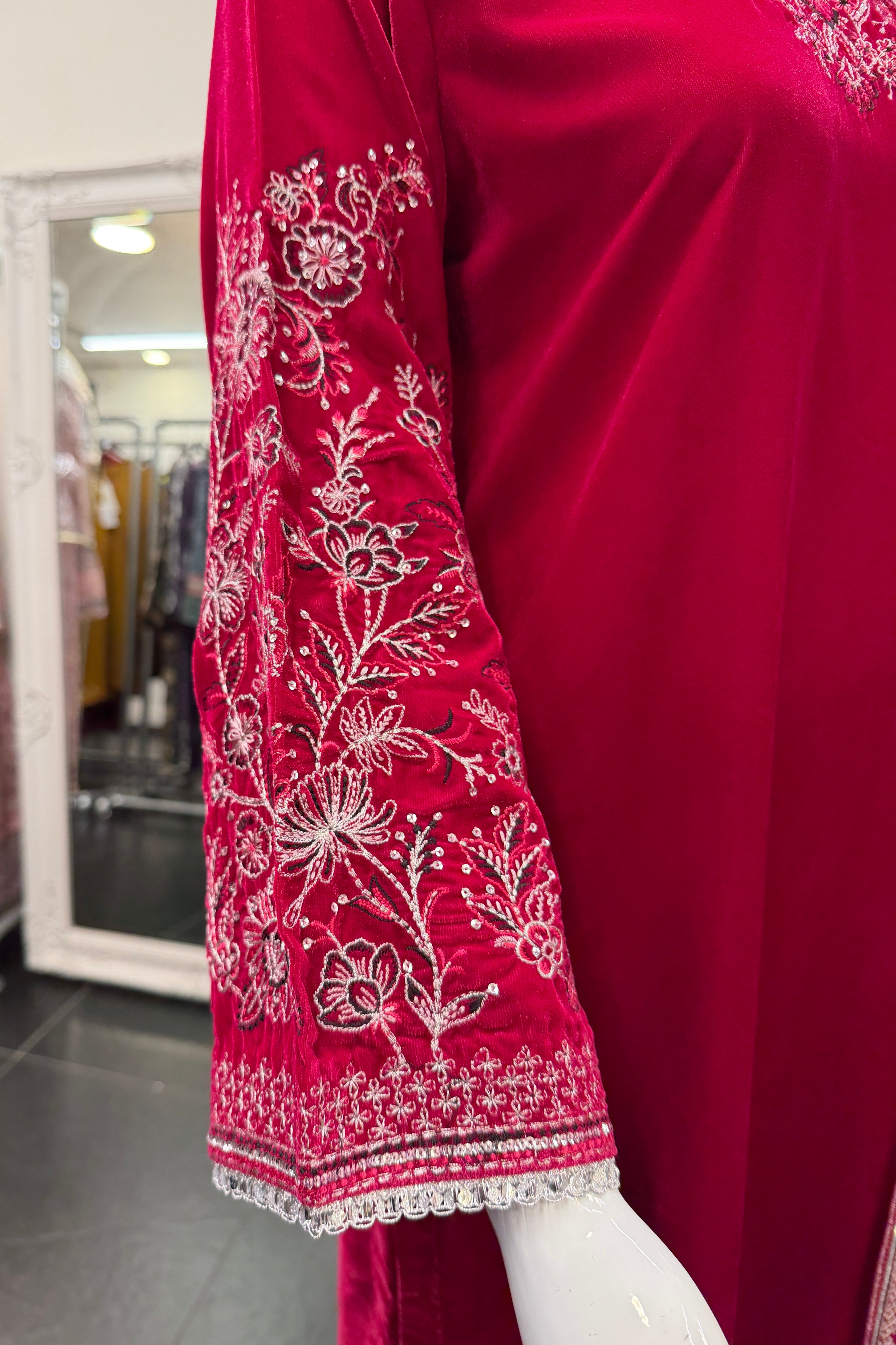 Mihrimah Embroidered Velvet Fuchsia Pink MIH107