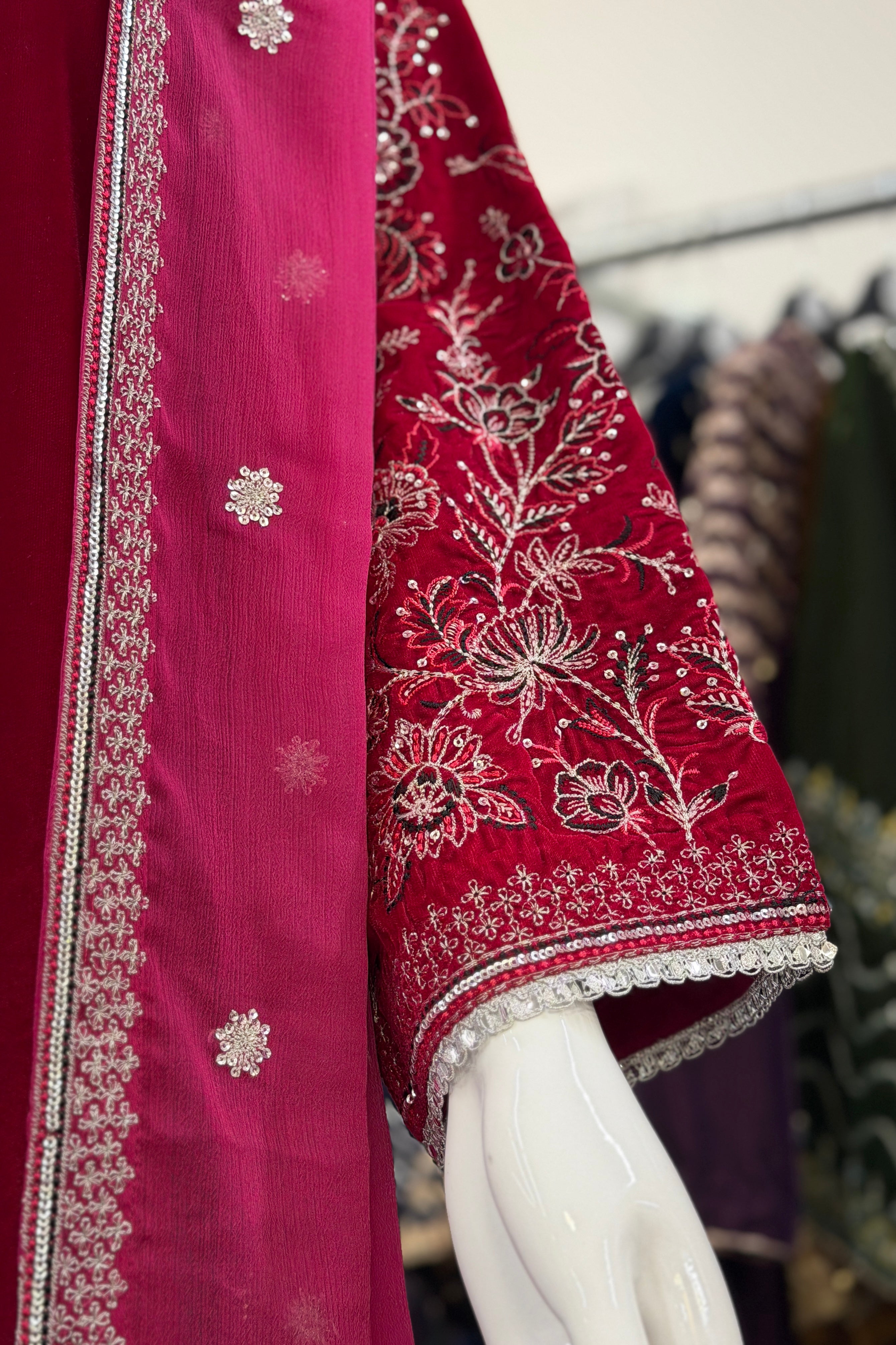 Mihrimah Embroidered Velvet Fuchsia Pink MIH107