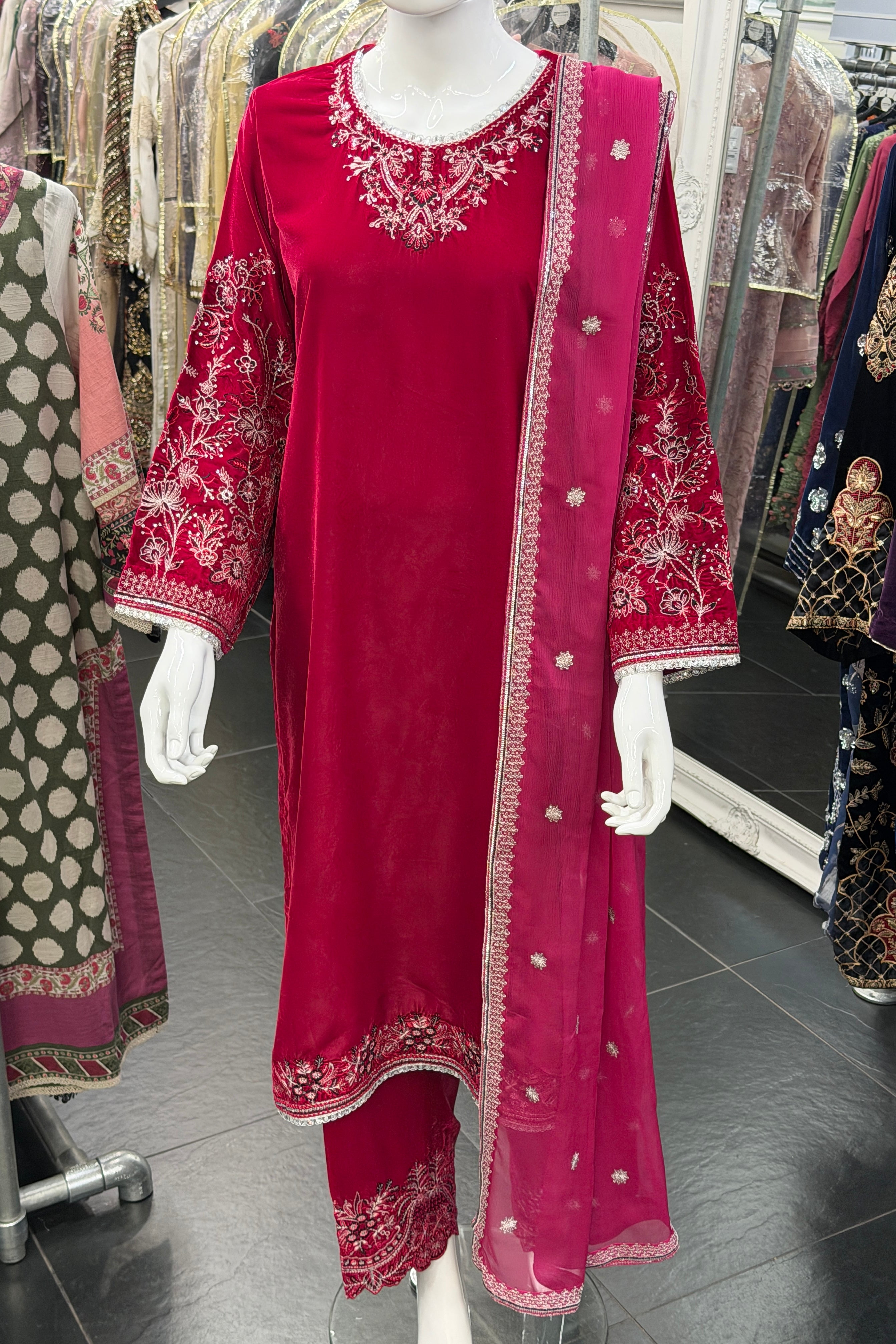 Mihrimah Embroidered Velvet Fuchsia Pink MIH107