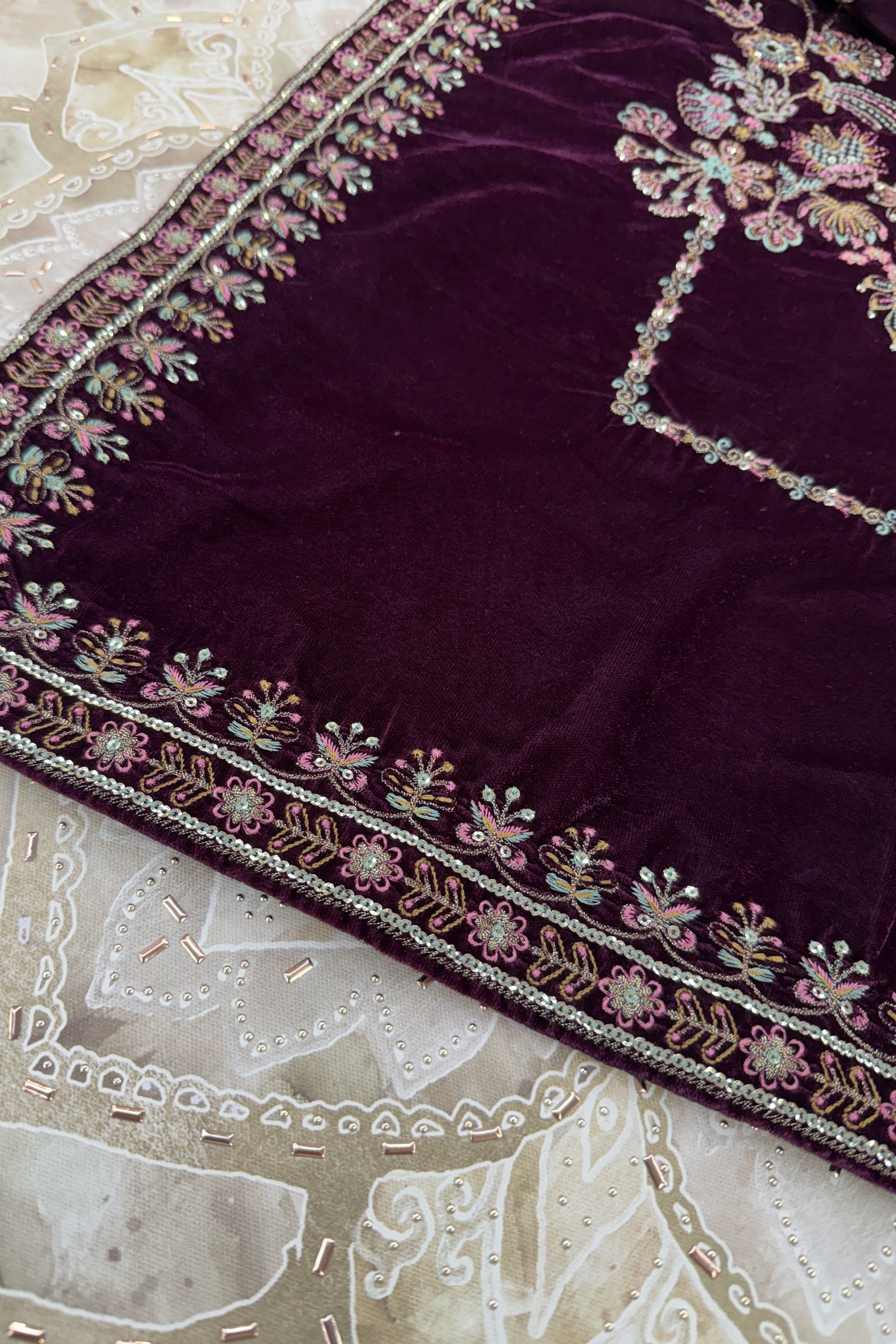 Mihrimah Embroidered Velvet Matt Plum MIH104