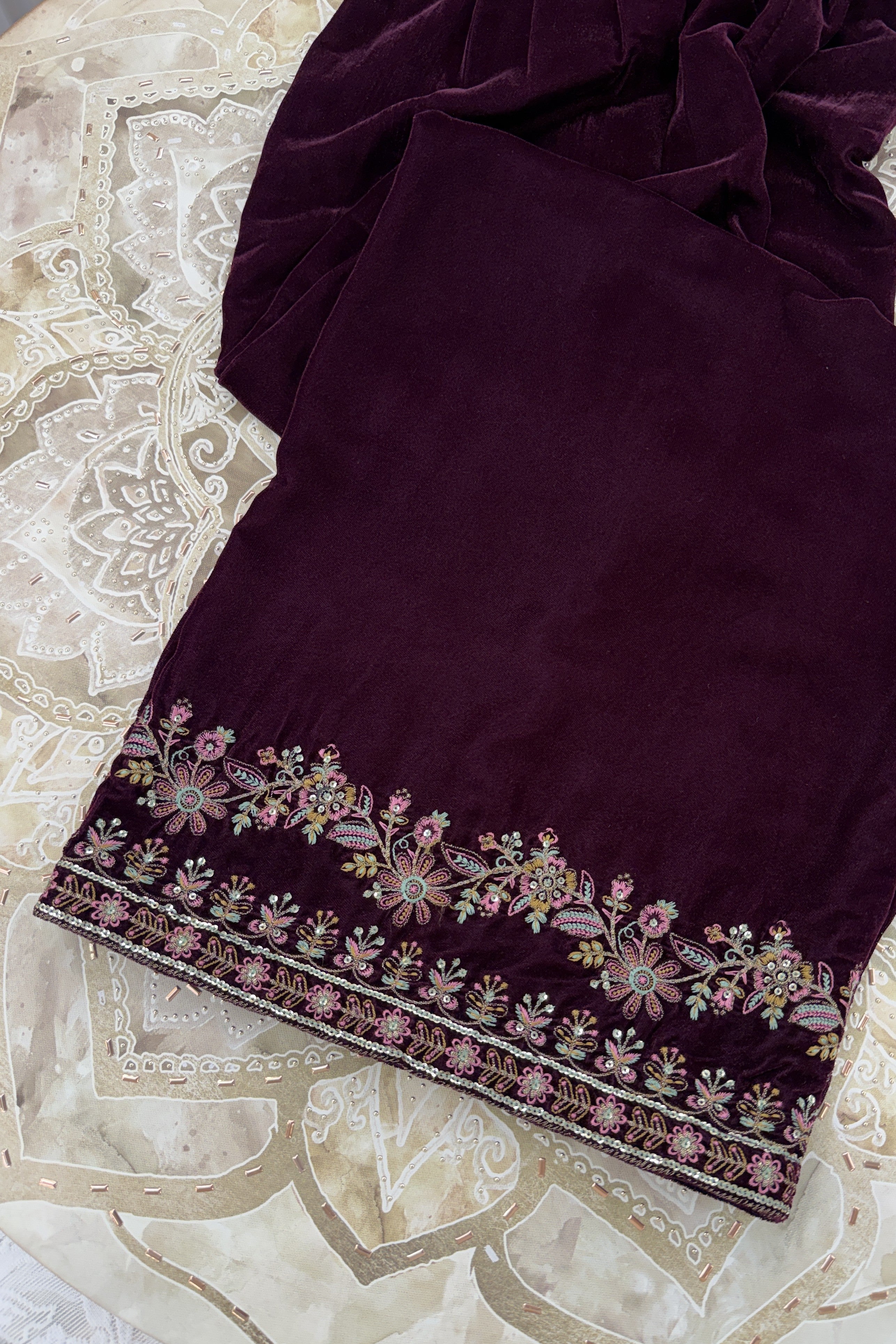 Mihrimah Embroidered Velvet Matt Plum MIH104