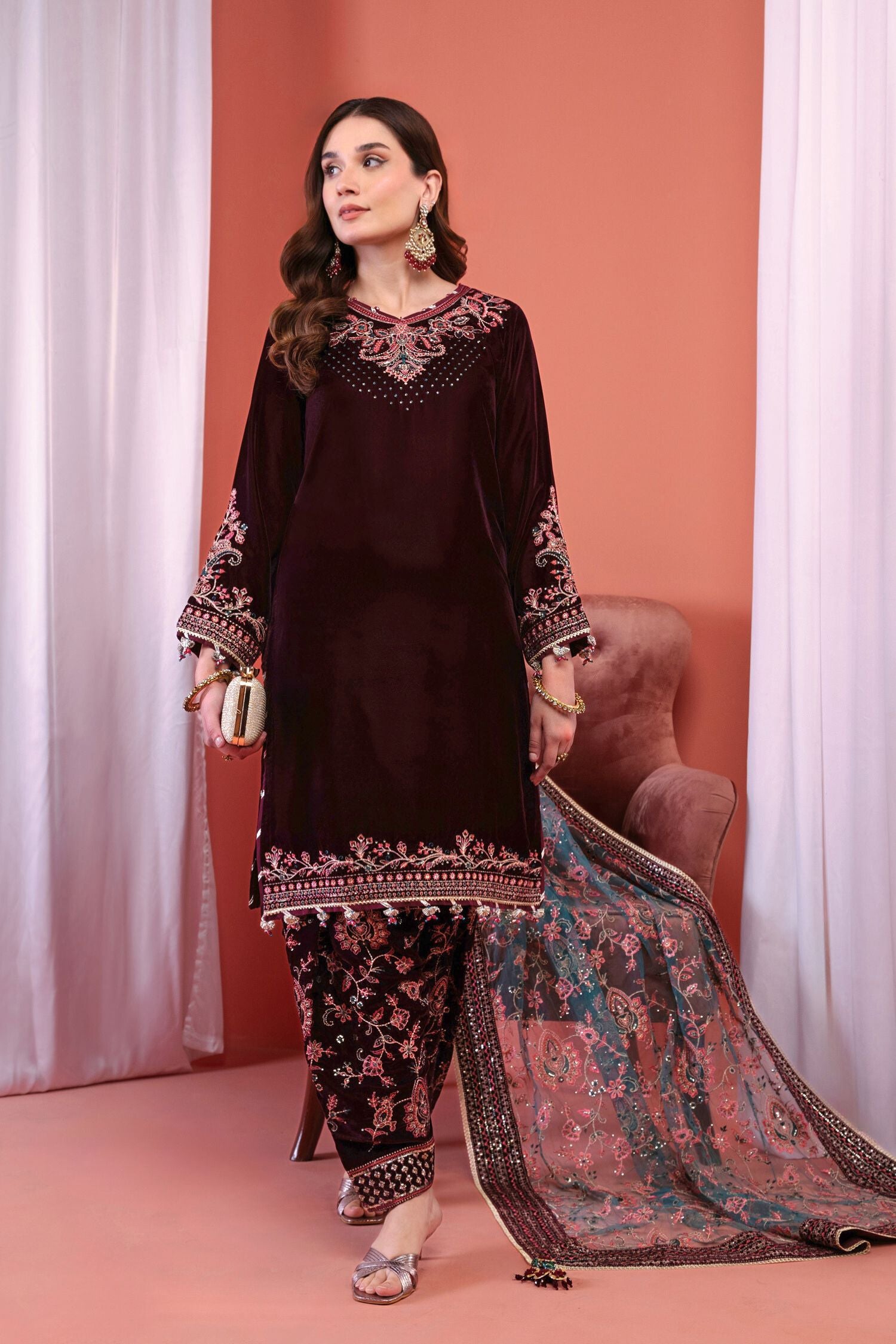 Mihrimah Luxury Velvet Shalwar Kameez Wine MIH88