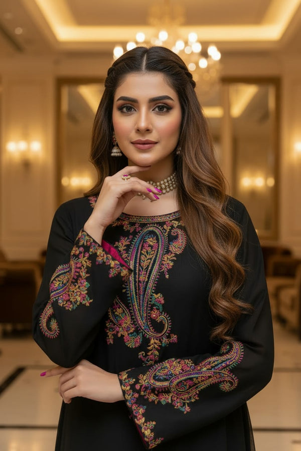 Mihrimah Embroidered Chiffon Black Dress MIH116