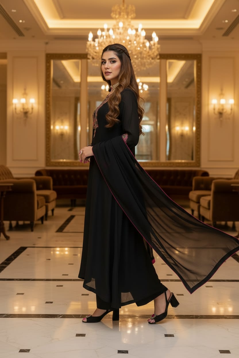 Mihrimah Embroidered Chiffon Black Dress MIH116