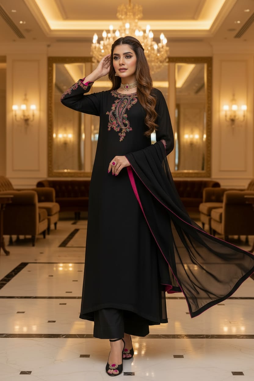Mihrimah Embroidered Chiffon Black Dress MIH116