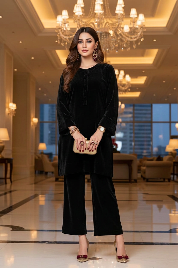 Mihrimah Velvet Shirt and Trousers Black Set MIH110