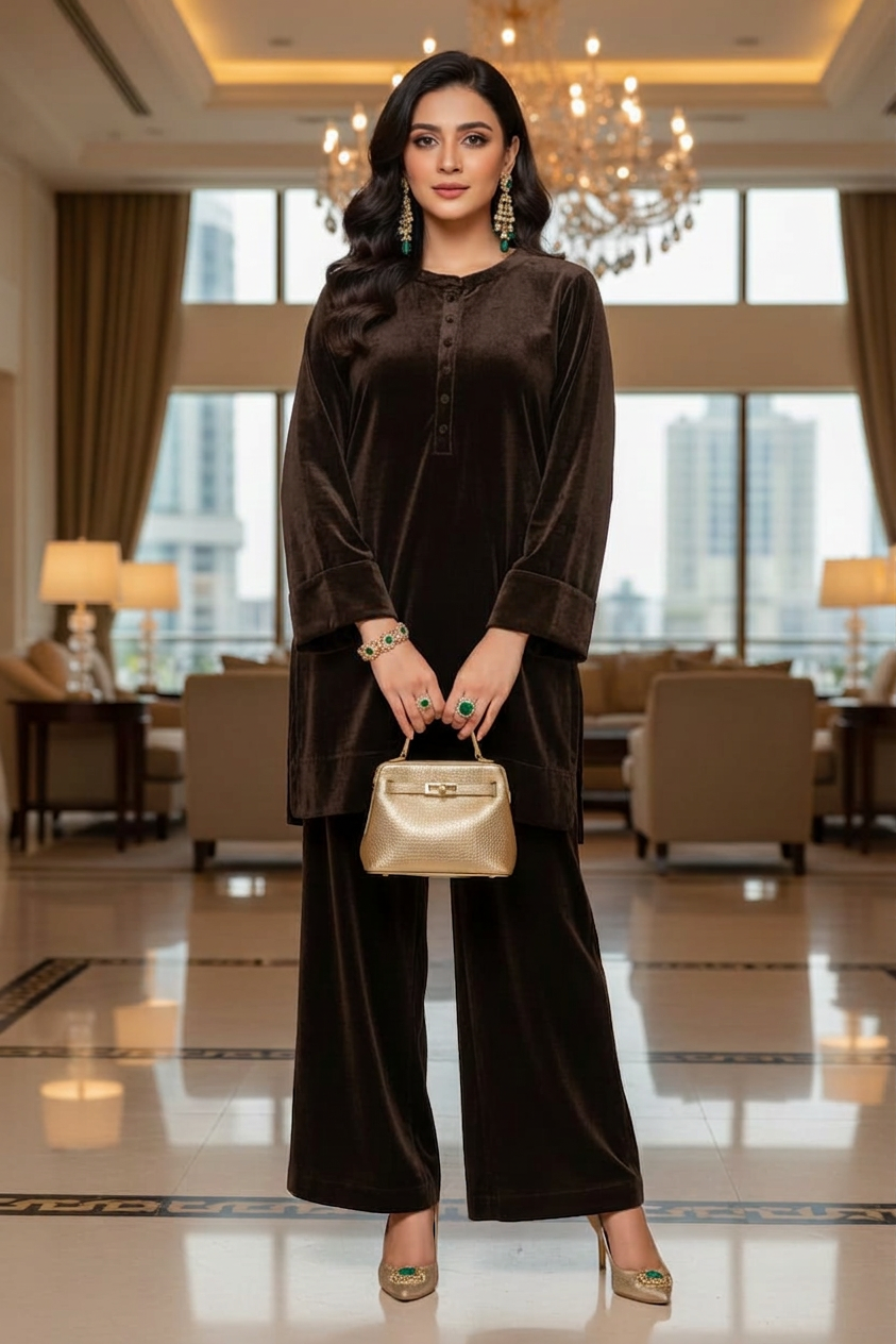 Mihrimah Velvet Shirt and Trousers Brown Set MIH111