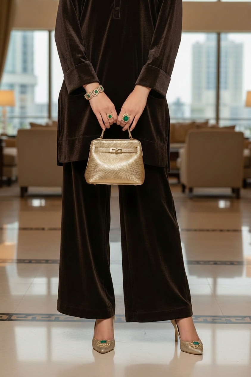 Mihrimah Velvet Shirt and Trousers Brown Set MIH111