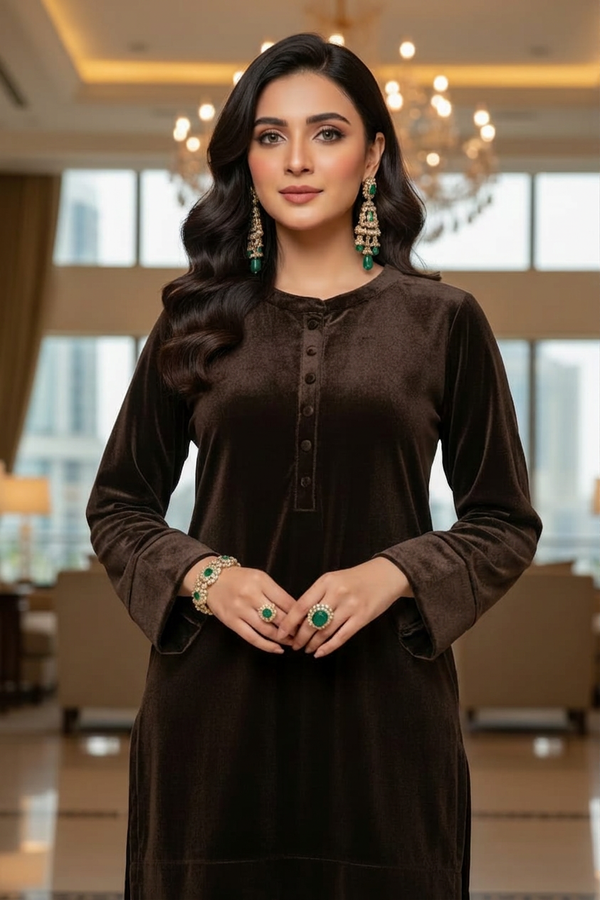 Mihrimah Velvet Shirt and Trousers Brown Set MIH111