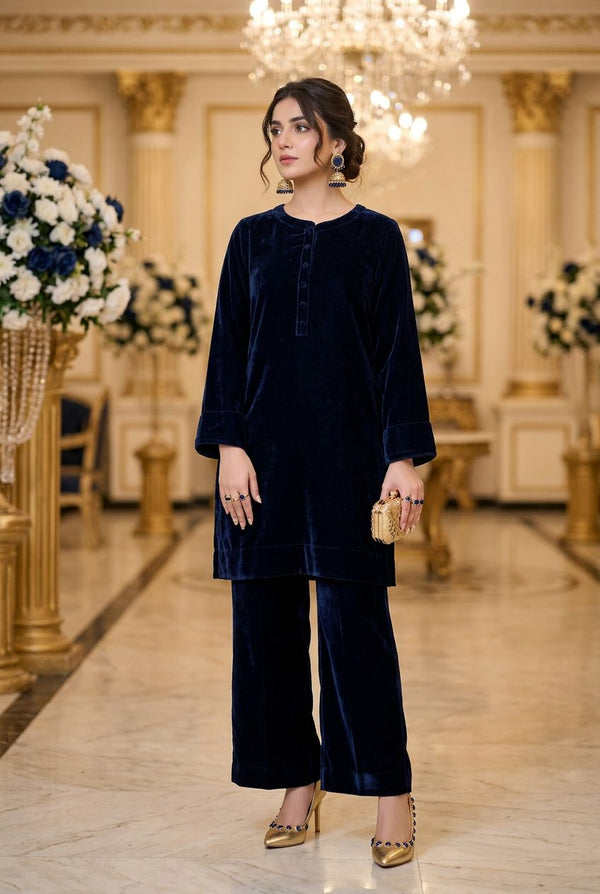 Mihrimah Velvet Shirt and Trousers Navy Set MIH109