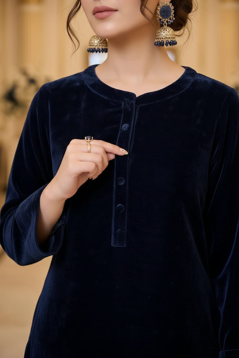 Mihrimah Velvet Shirt and Trousers Navy Set MIH109