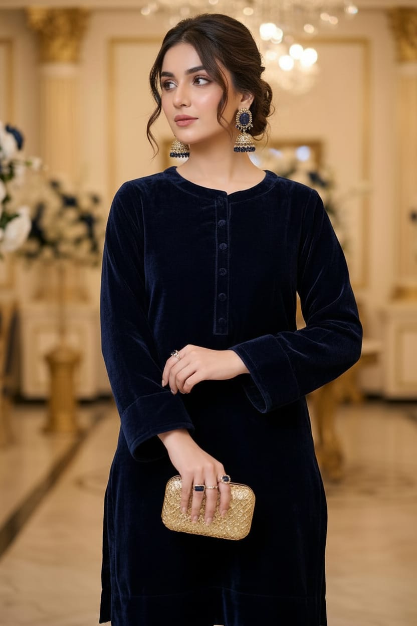 Mihrimah Velvet Shirt and Trousers Navy Set MIH109