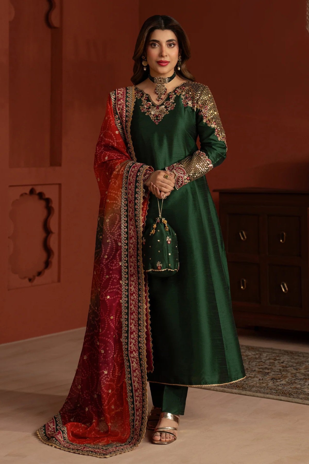 Mohagni Embroidered Raw Silk 3 Piece Dress MOH28