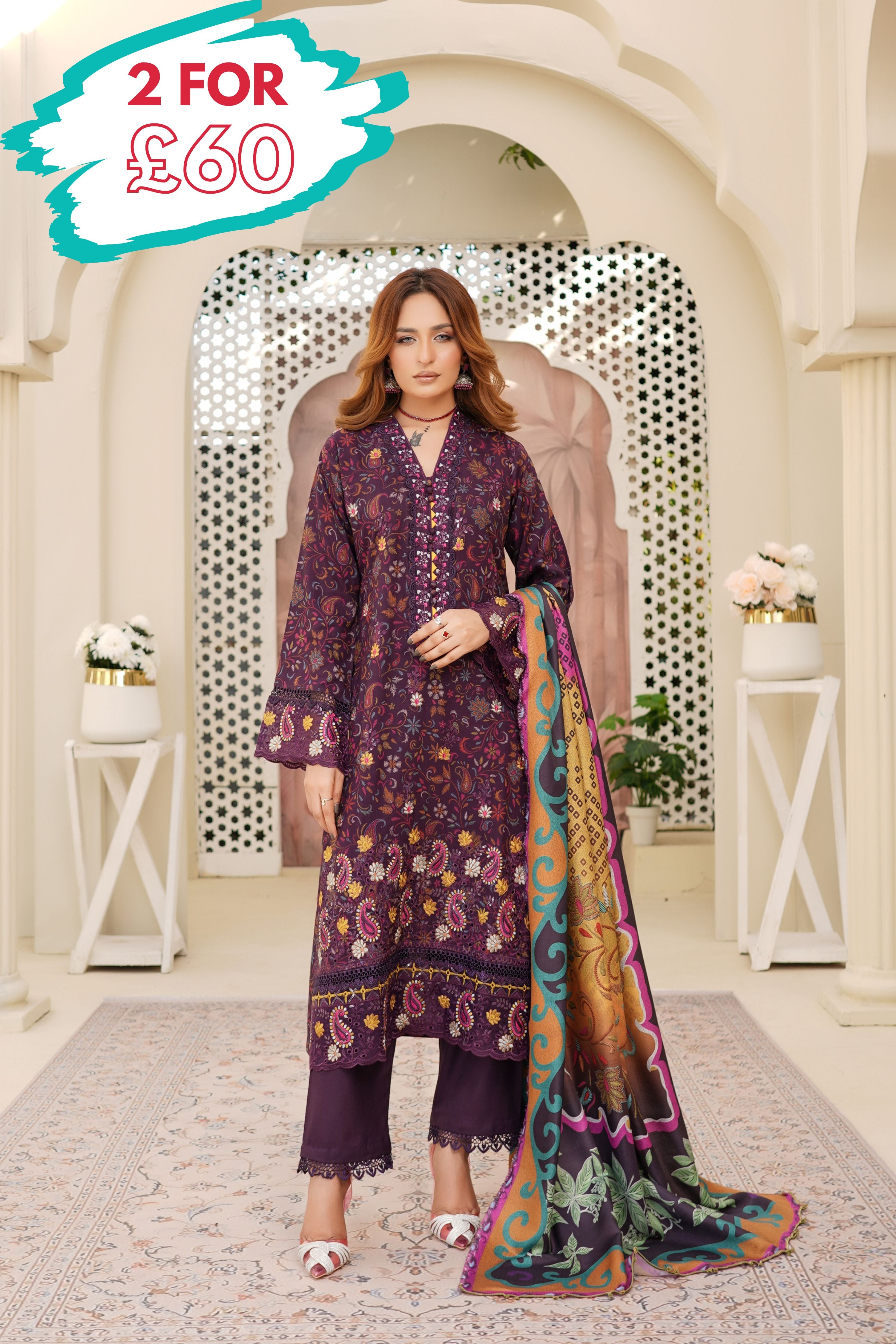 Munira Embroidered Dhanak 3 Piece Suit MUN709