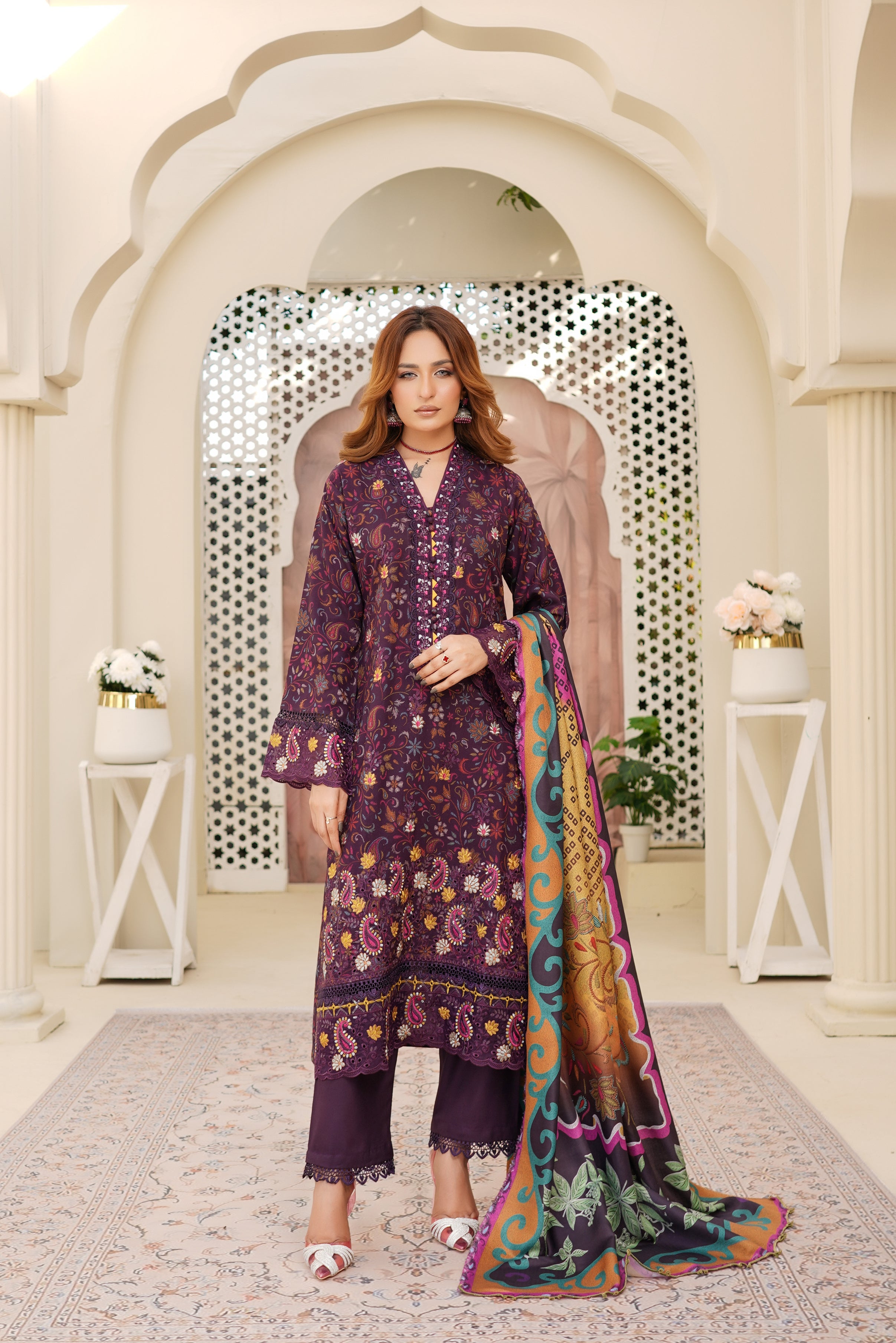 Munira Embroidered Dhanak 3 Piece Suit MUN709