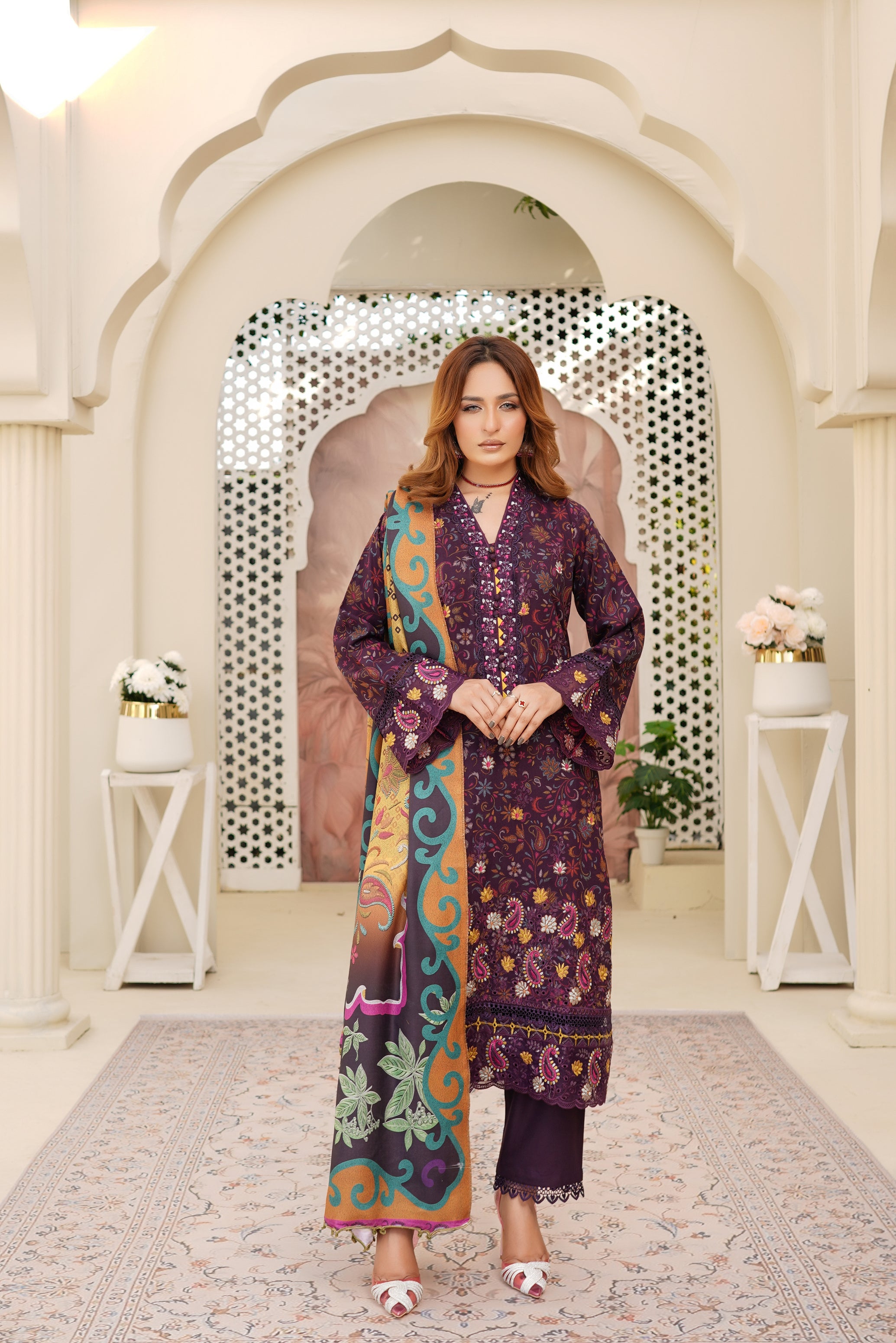 Munira Embroidered Dhanak 3 Piece Suit MUN709