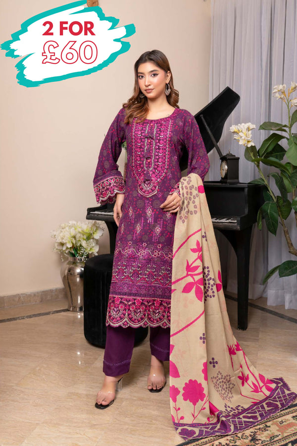Munira Embroidered Dhanak 3 Piece Suit MUN760