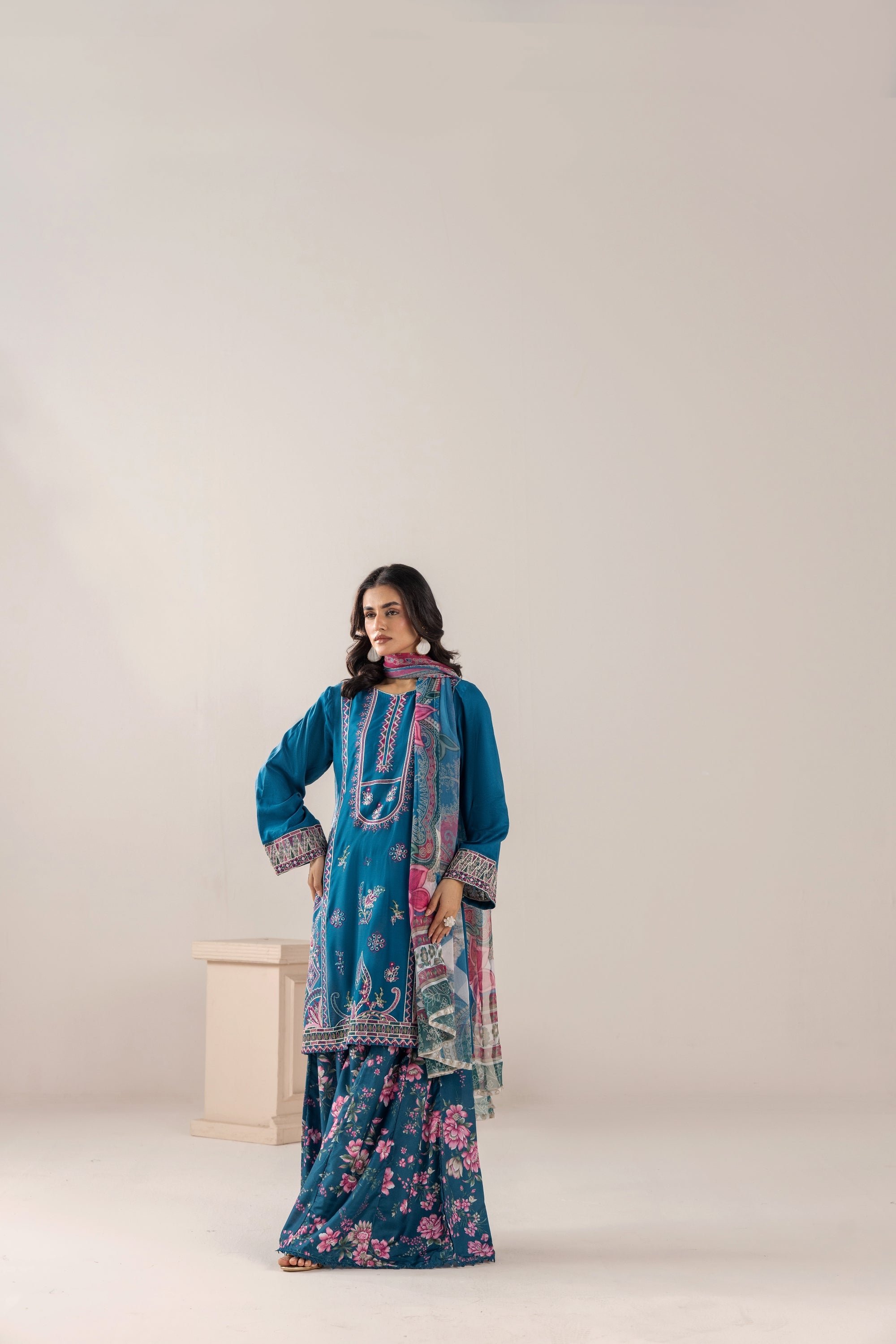 Traditional Threads Embroidered Linen 3 Piece Sharara TRA25