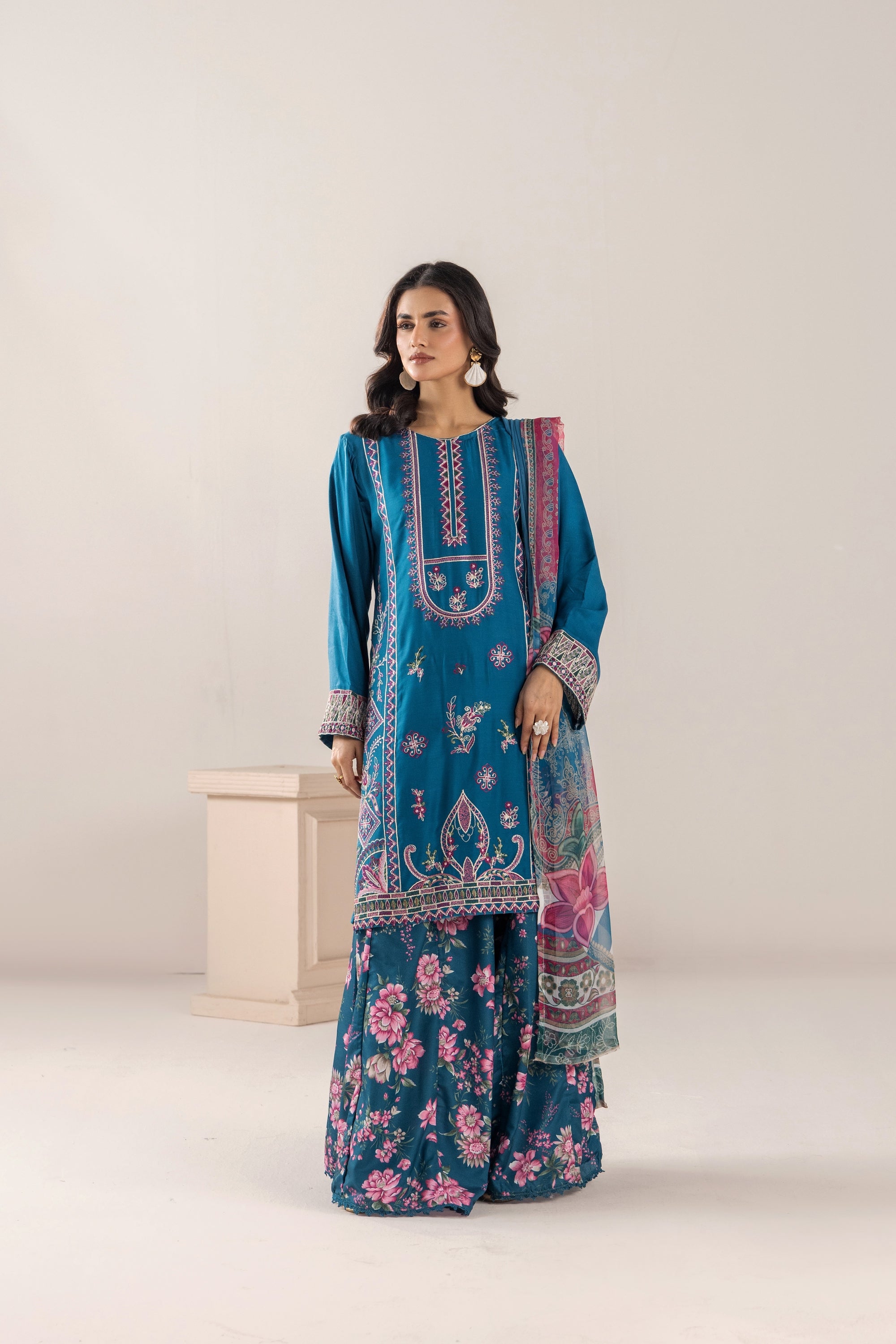 Traditional Threads Embroidered Linen 3 Piece Sharara TRA25