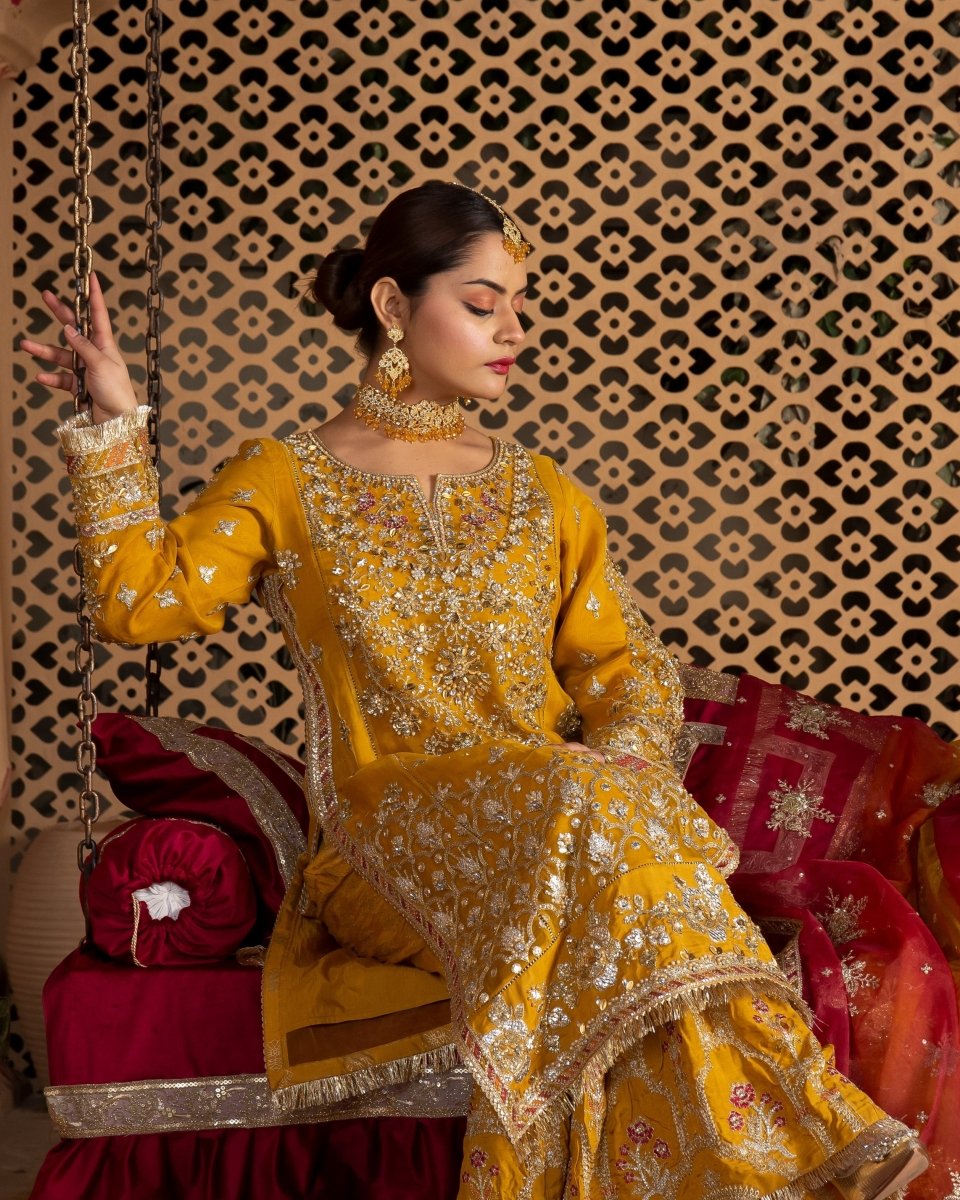 Yellow And Green Mehndi Dress Sajni Embellished Pakistani Mehndi Gharara Outfit SAJ10 Yellow And Green Mehndi Dress Sajni Embellished Pakistani Mehndi Gharara Outfit SAJ10