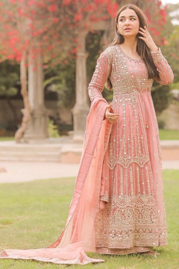 Front Open Gown Pakistani Wedding Dress in Net Fabric