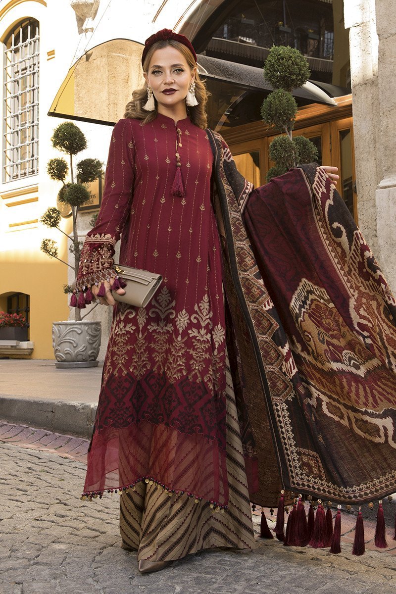 Maria B Linen DL-807-Maroon and Beige