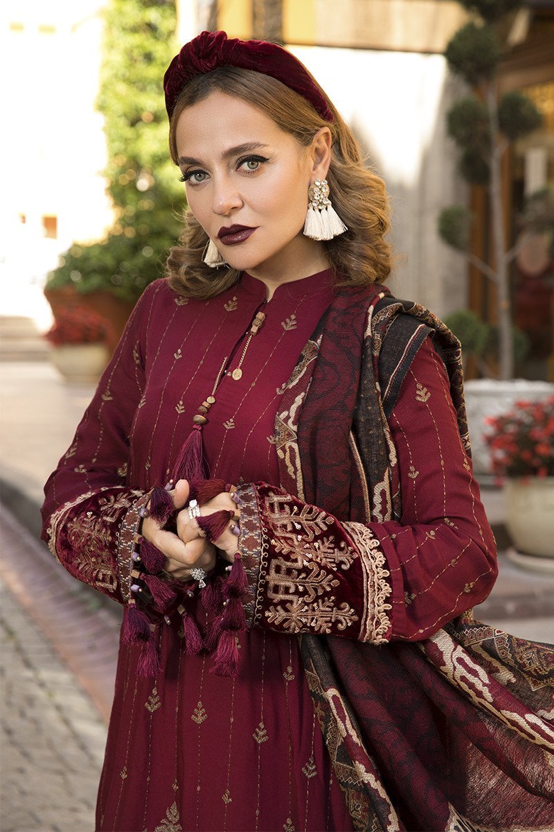 Maria B Linen DL-807-Maroon and Beige