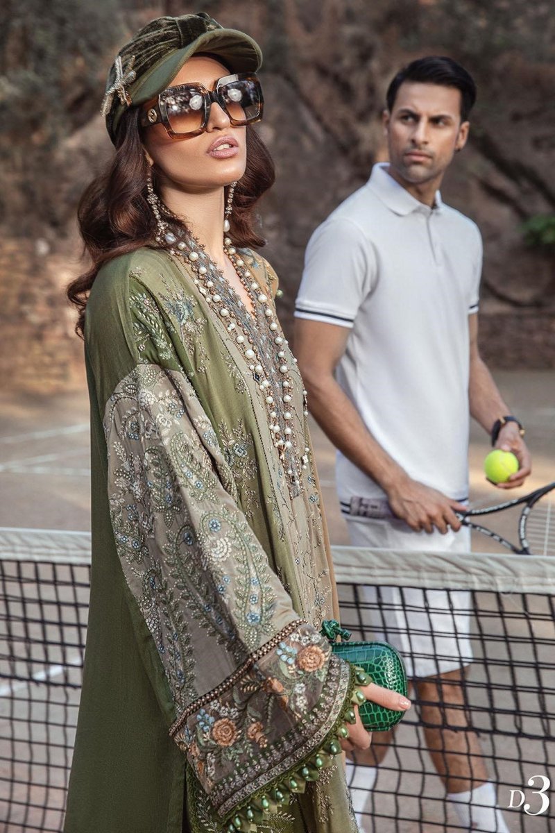 Maria B Linen Pakistani Suit DL-1003-Olive Green MAR128-Designer dhaage