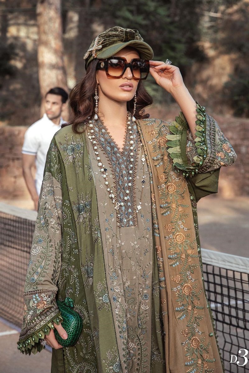 Maria B Linen Pakistani Suit DL-1003-Olive Green MAR128-Designer dhaage