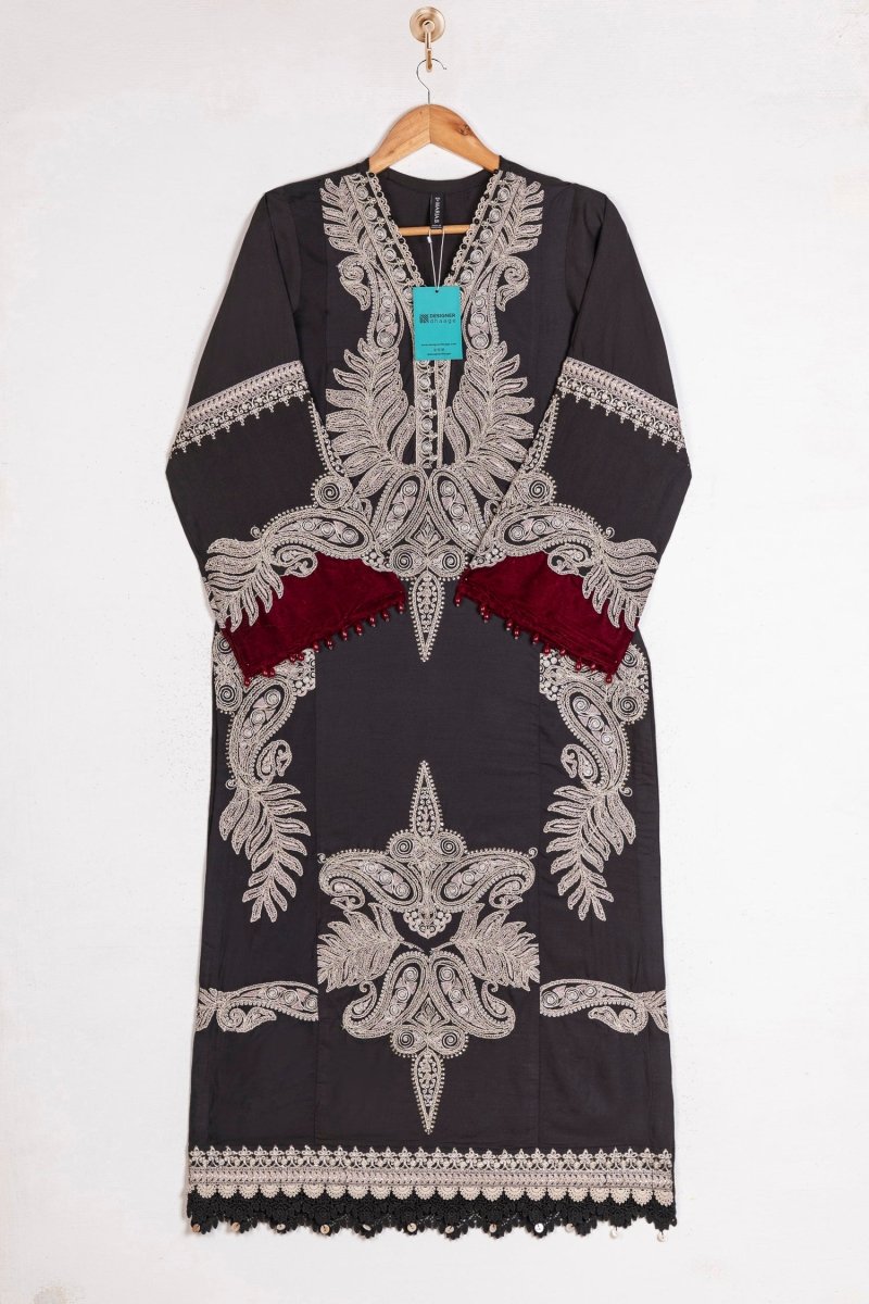 Maria B Linen Pakistani Suit DL-1004-Black and Maroon MAR132-Designer dhaage