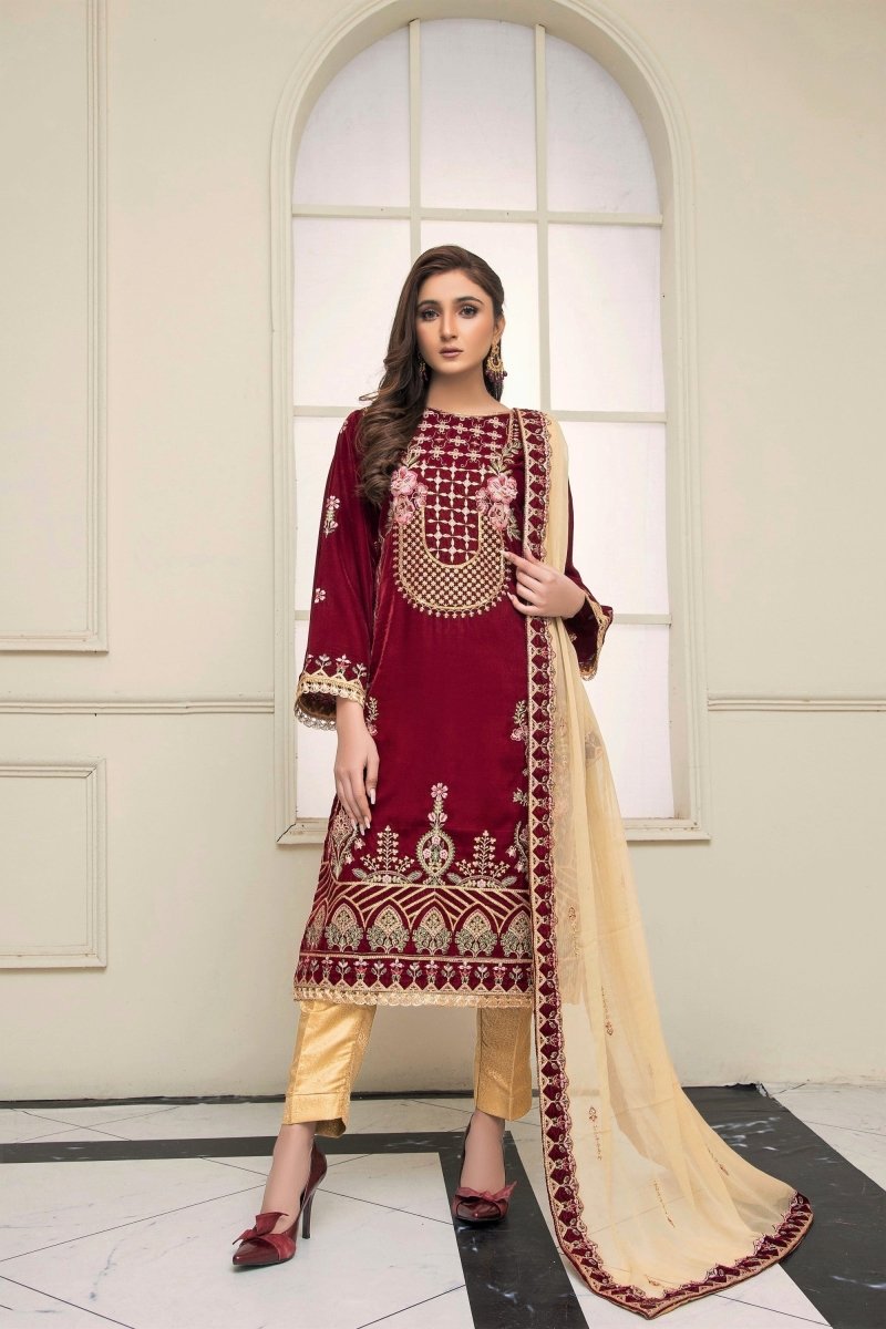 Mihrimah Embroidered Velvet 3 Piece Suit MIH40-Designer dhaage
