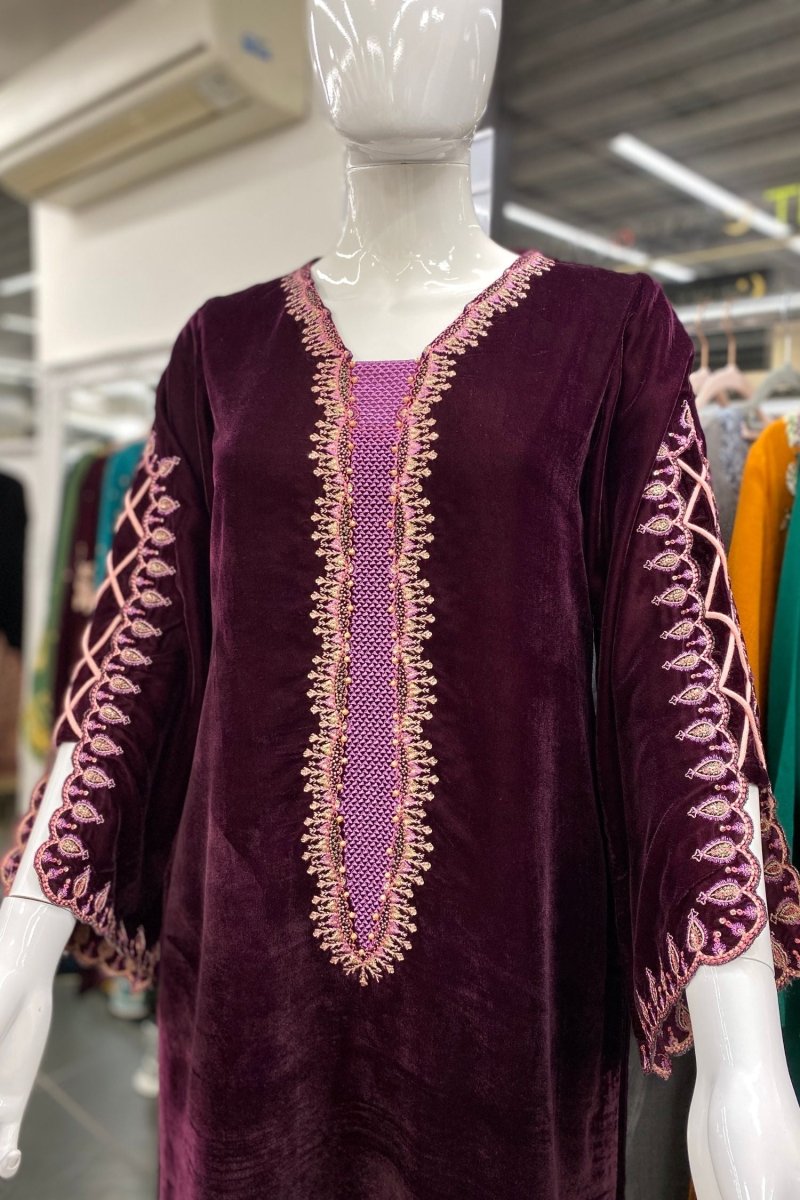 Mihrimah Embroidered Velvet Shirt MIH62-Designer dhaage