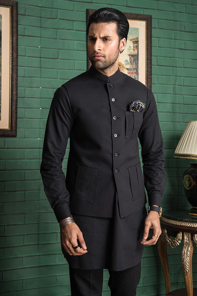 Nauroz Black Cotton Signature Waistcoat NAU09-Designer dhaage