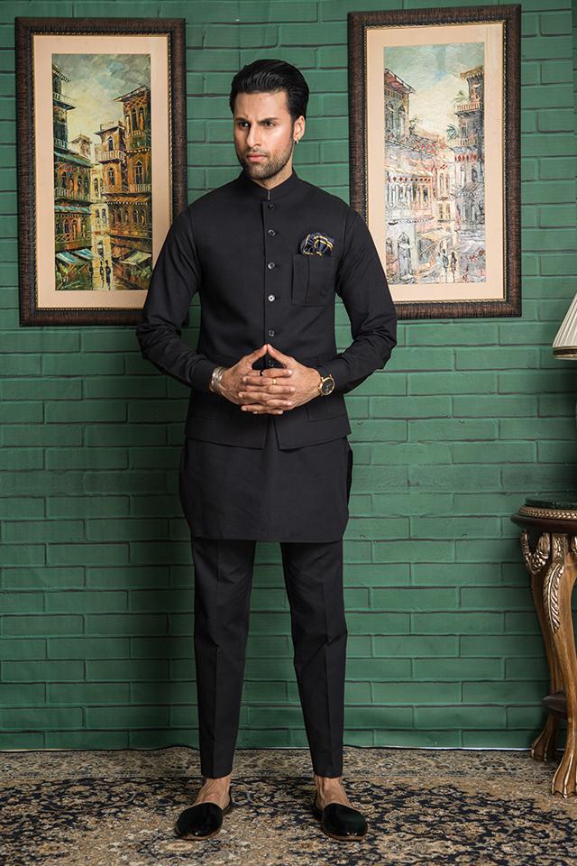 Nauroz Black Cotton Signature Waistcoat NAU09-Designer dhaage